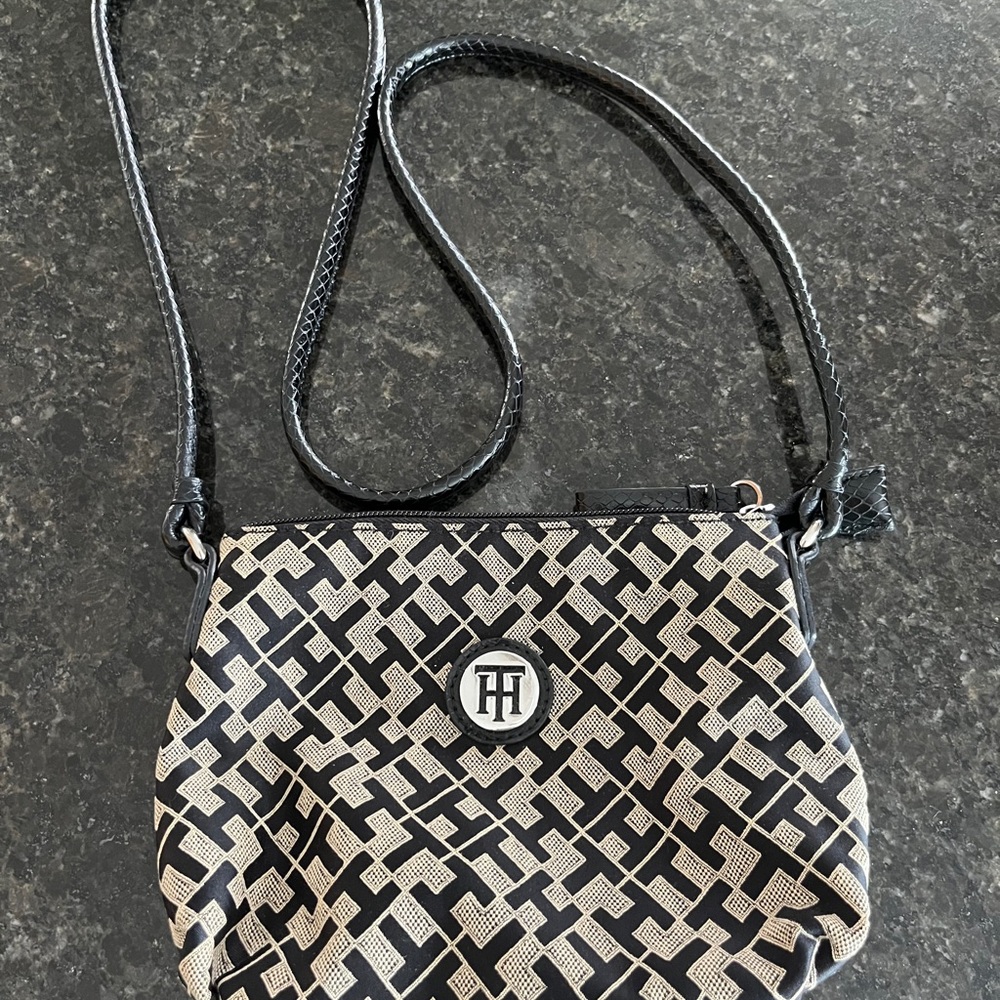 Tommy Hilfiger Black and Tan Patterned Crossbody Bag